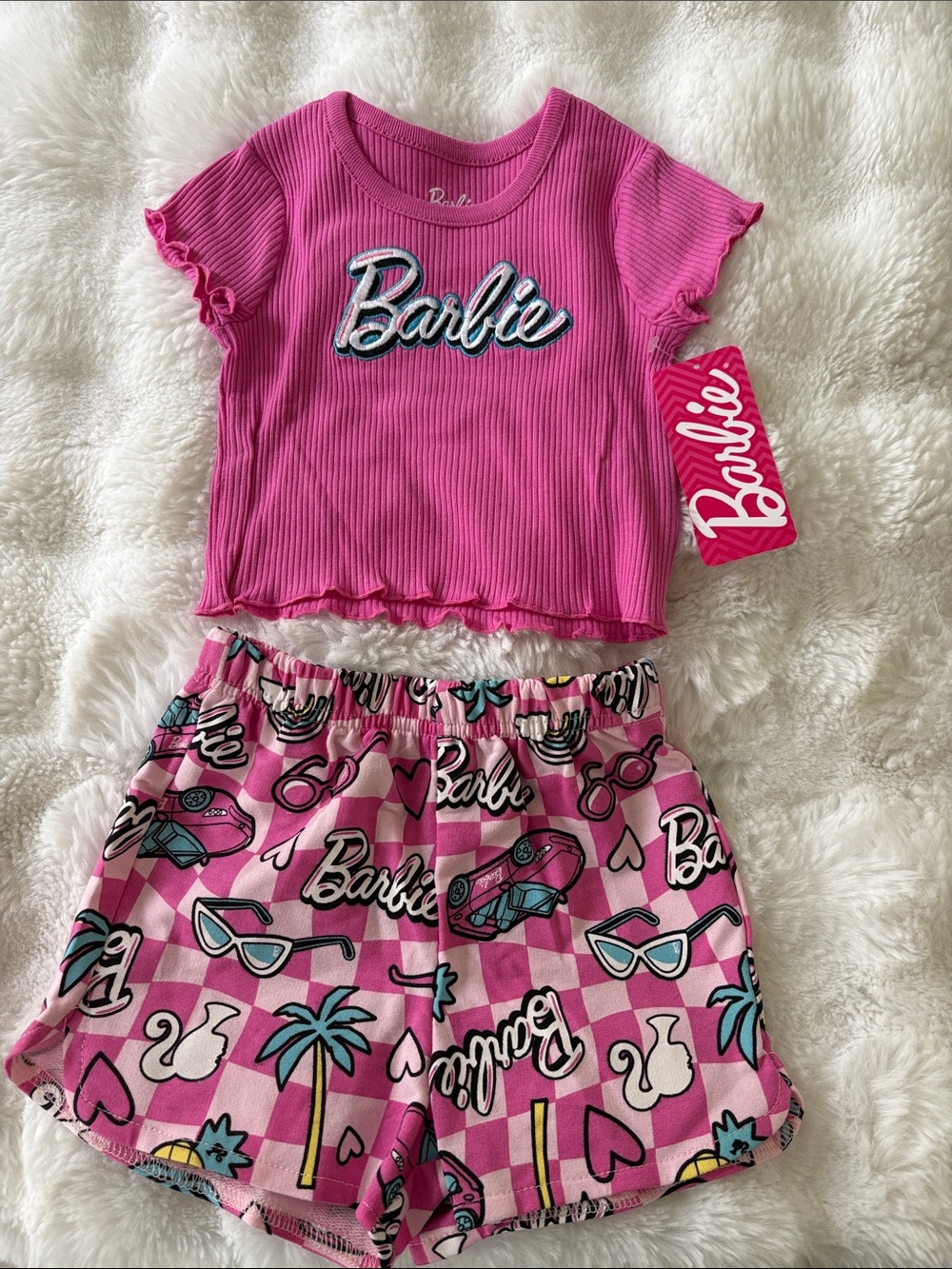Barbie Hot Pink Ribbed Crop Top with Printed Pink Graphic Shorts